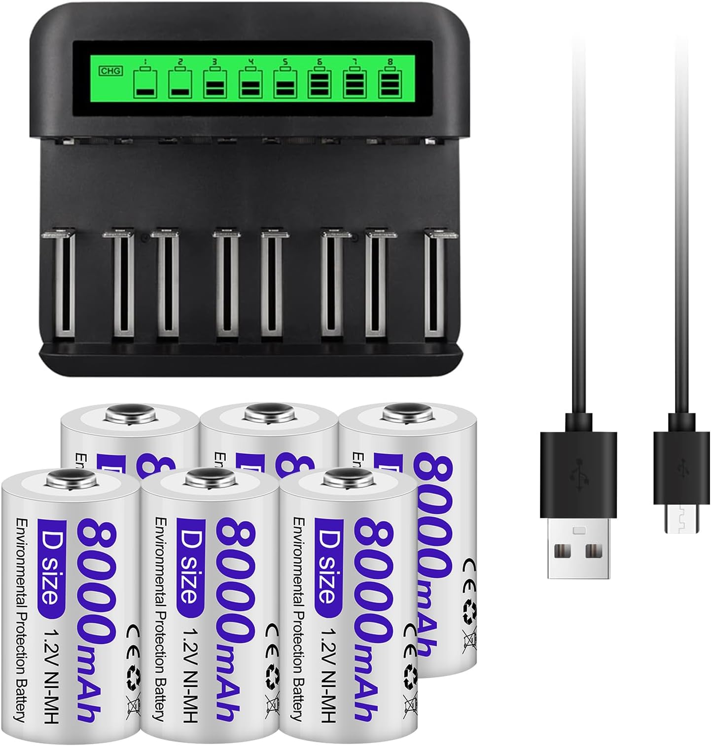 Rechargeable D Batteries 6 Pack 8000mAh with LCD Display