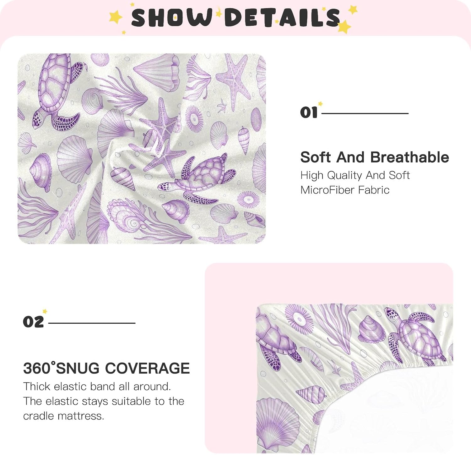 Muslin Fitted Crib Sheet Coastal Beach Summer Purple Ocean Seashell Bedding for boy 52''x28''