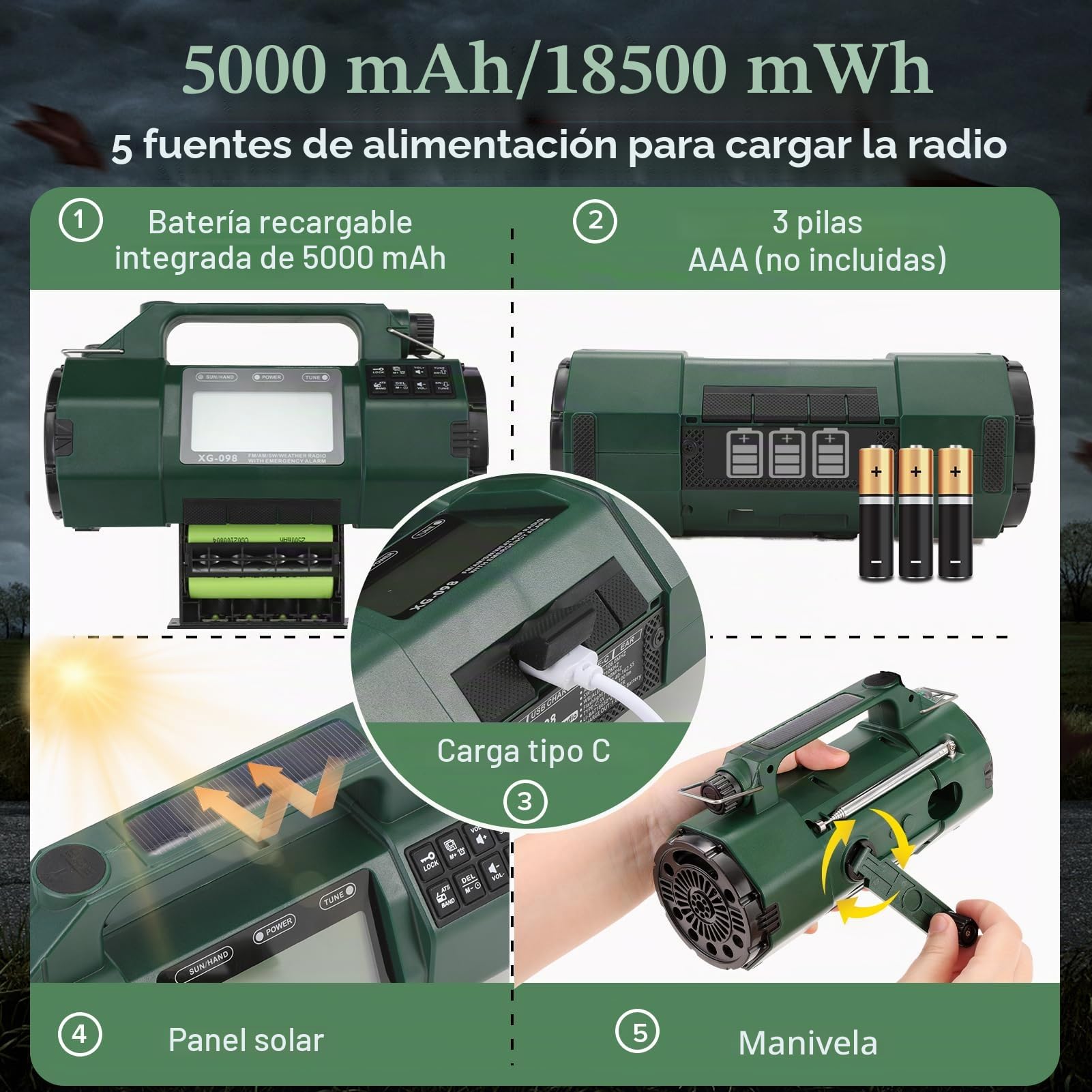 Radio meteorológica de emergencia, batería reemplazable 5000mAh, radio solar de manivela con alerta AM/FM/SW/NOAA, reloj despertador, temporizador, brújula, cargador de teléfono móvil, conector para