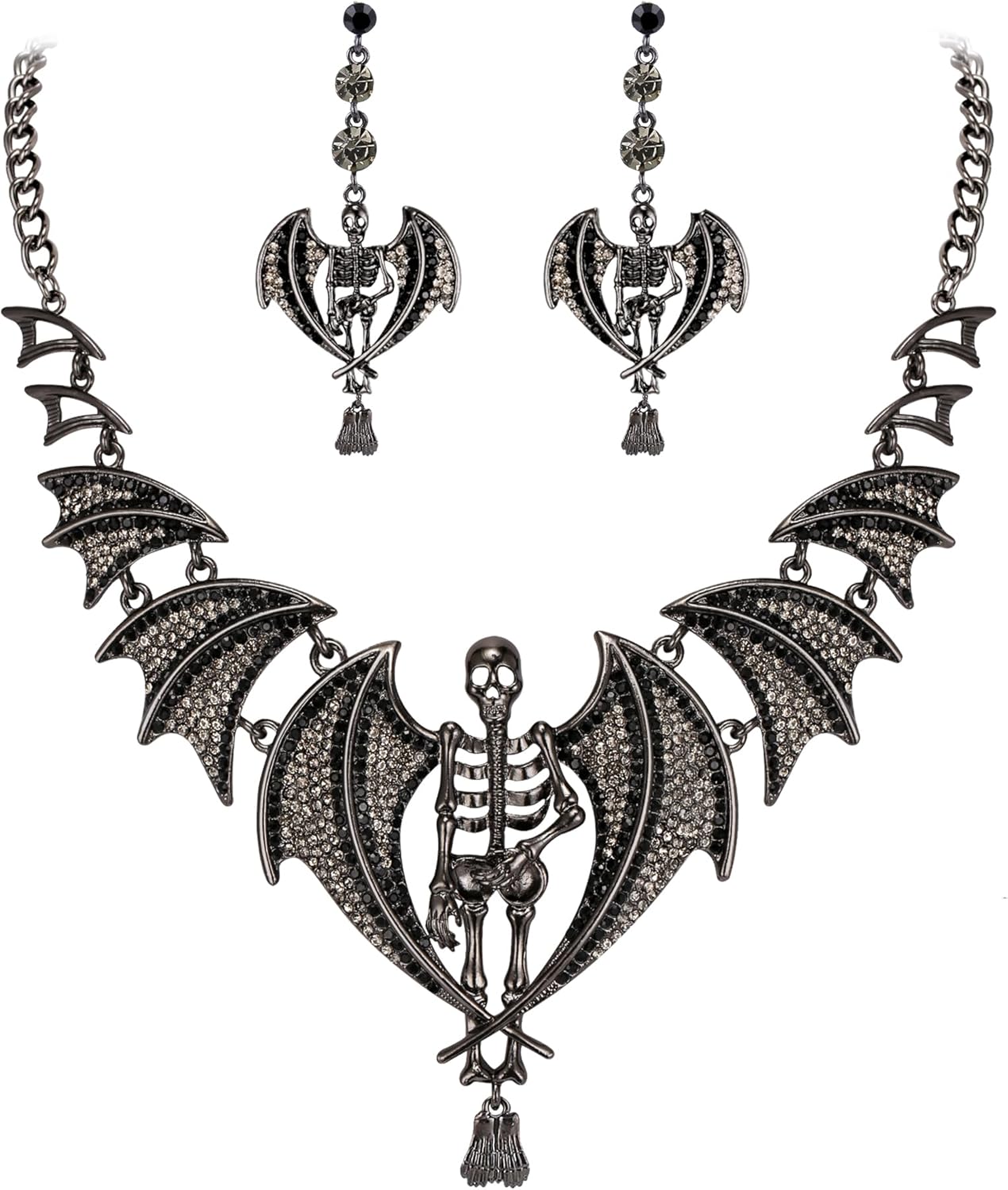 EVER FAITH Austrian Crystal Gothic Style Halloween Skull Bat Necklace Earrings Set