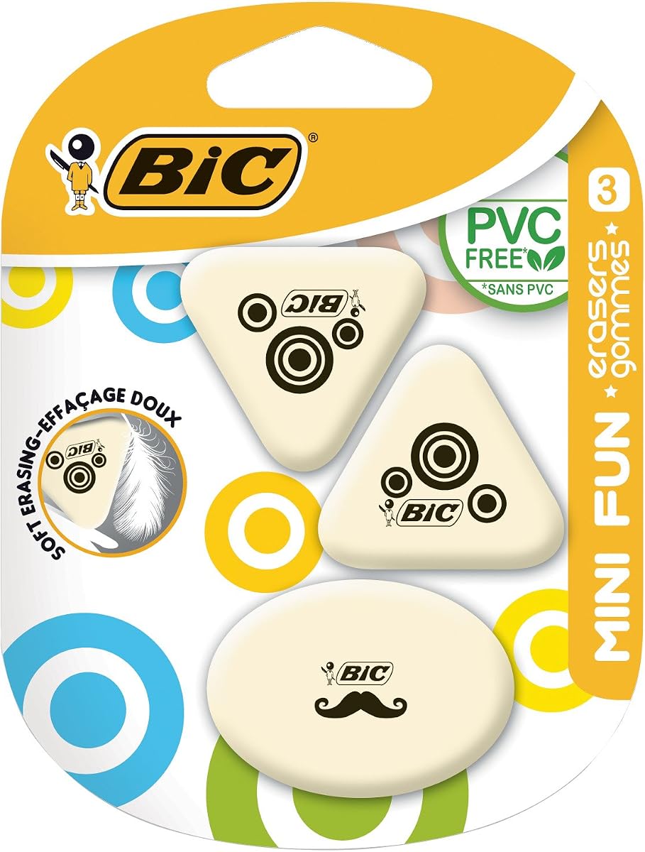 BIC Mini Fun Synthetic Rubber Erasers Blister Pack of 3