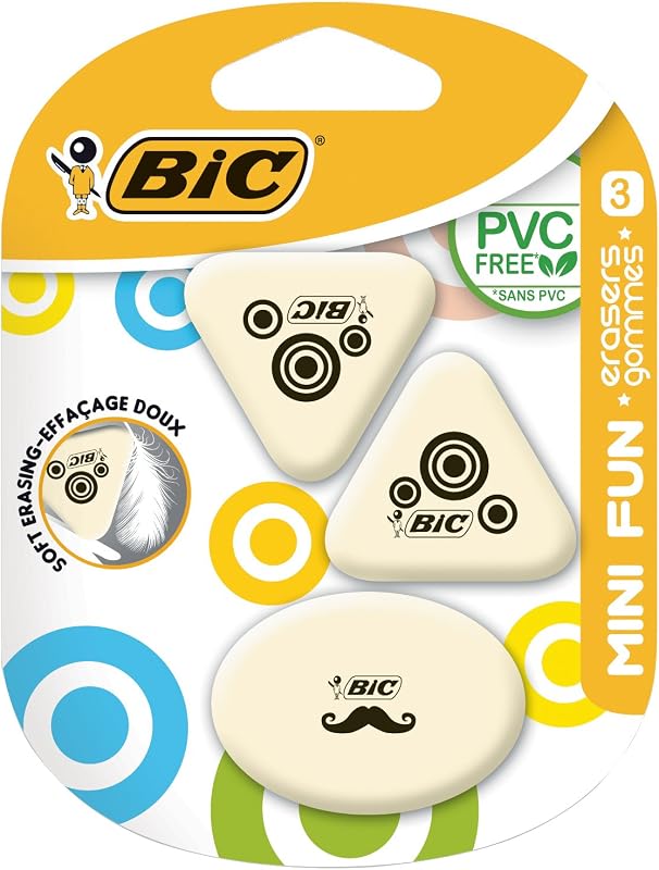 BIC Mini Fun Synthetic Rubber Erasers Blister Pack of 3