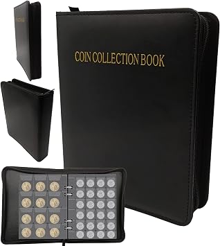 coin collection album,coin storage,coins collection book with zip for coins storage of 360 10 pages of 3 cm, 240 compartments + 10 pages of 4 cm, 120 compartments