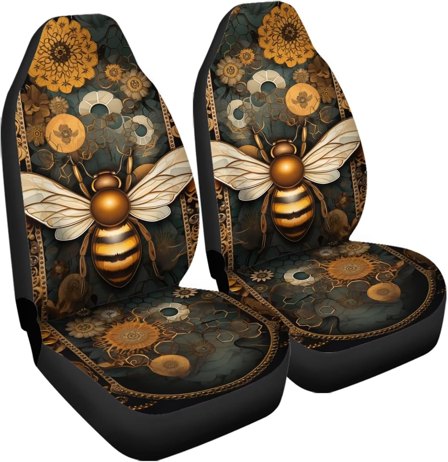 Bulopur Cartoon Gold Bees Boho Flower Blue Car Seat Cover for Women, Front Seat Cushion Decorative Car Seat Protector Blanket Front Car Seat Covers Universal Fits