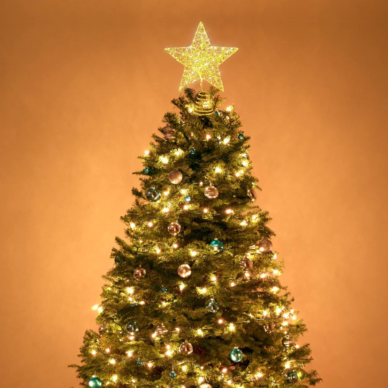 Estrella Arbol Navidad, con 15 Luces LED Decoración de árbol de Navidad con Golden de 25cm con Estrella de Metal para árbol de Navidad Decoración