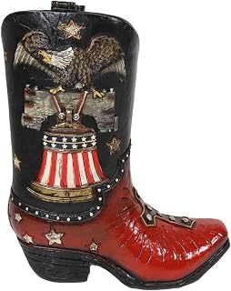 Ebros Gift Rustic Western Country American Patriotic Eagle Liberty Bell USA Flag with Cross Faux Tooled Leather Cowgirl Cowboy Boot Decorative Money Coin Savings Piggy Bank