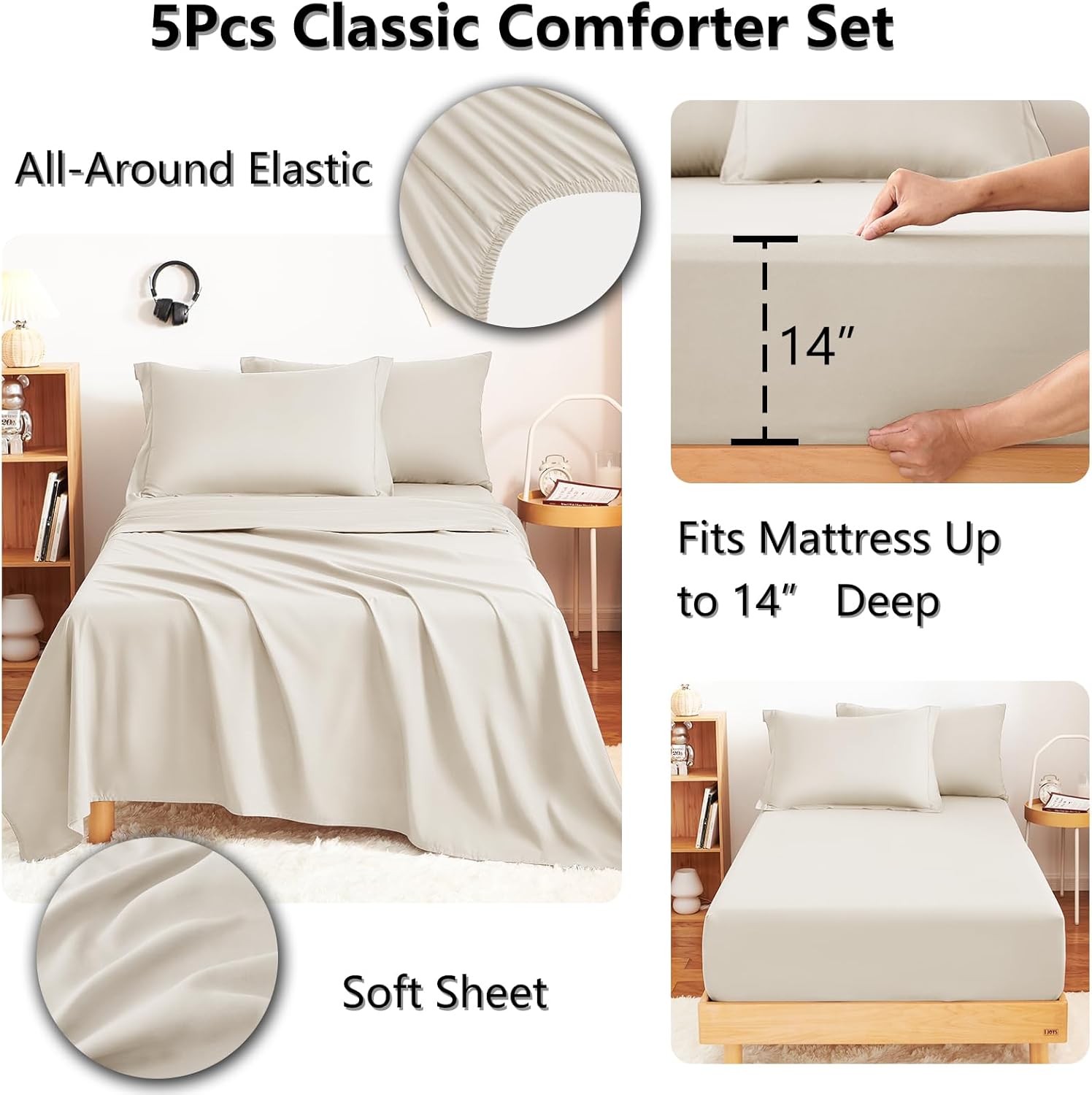 CozyLux Twin XL Comforter Set Beige - 5 Pieces Twin Extra Long Bed in a Bag for College Dorm, All Season Bedding Set for Girls and Boys, Soft Bed Set with Comforter, Sheets, Pillowcase & Sham - Image 4