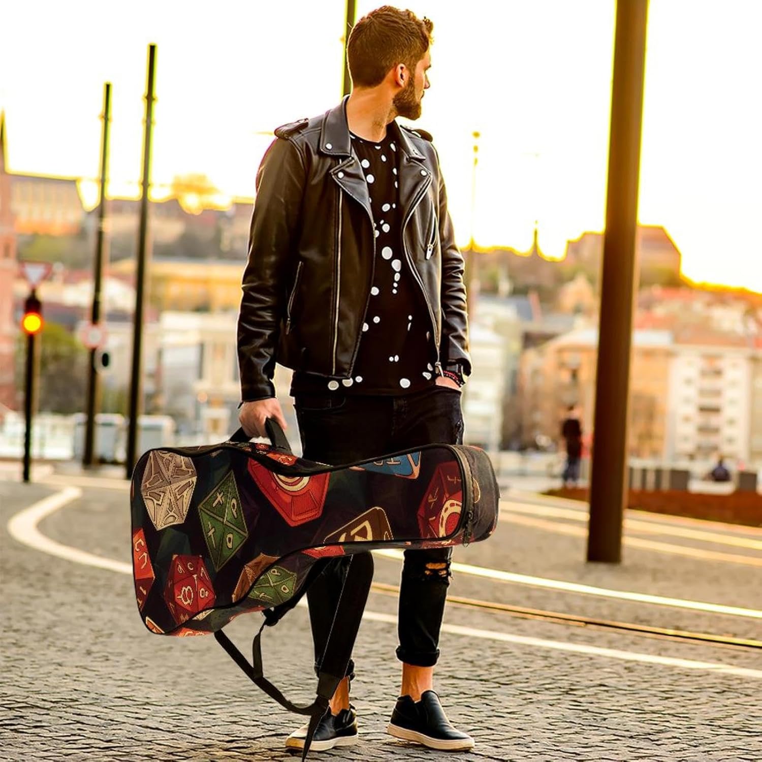 Acoustic Guitar Gig Bag 10mm Thick Padding, Soft Waterproof Guitar Case with Adjustable Backpack Straps for 40-42 Inch Guitar, Games Colorful Elements Pattern
