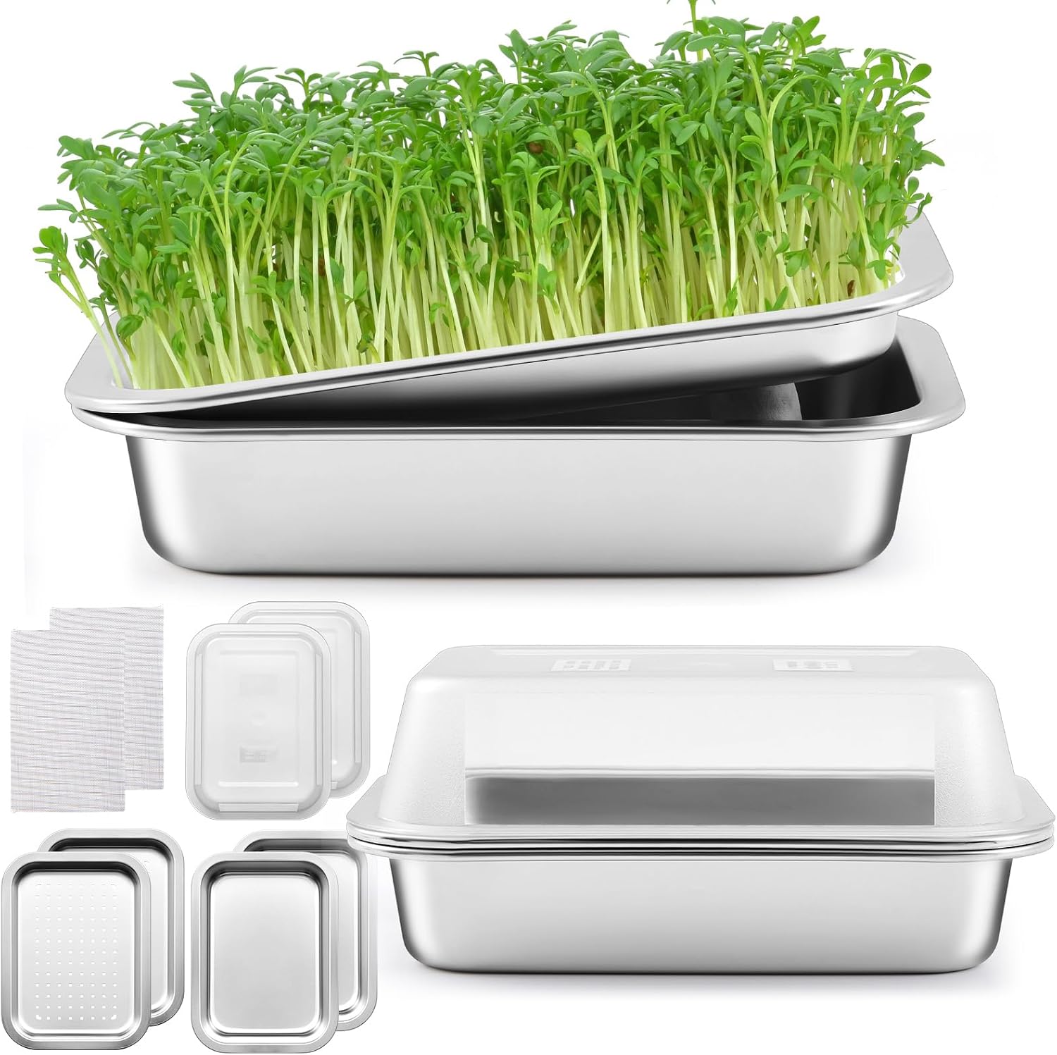 2 Pack Seed Sprouting Kit with Lid, 10.4 Inch Stainless Steel Soilless Culture Germination Tray, Microgreens Growing Kit, Encrypted Mesh Seed Starter Tray for Beans Alfalfa Broccoli Wheat Grass