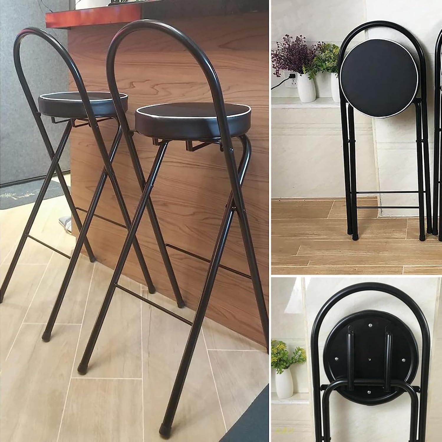 YHNNH Portable Padded PU Folding Stool, High Stool with Footrest, High Chair for Outdoor Camping, for Adults, Kitchen Island (Black 1pcs,65cm/26in)