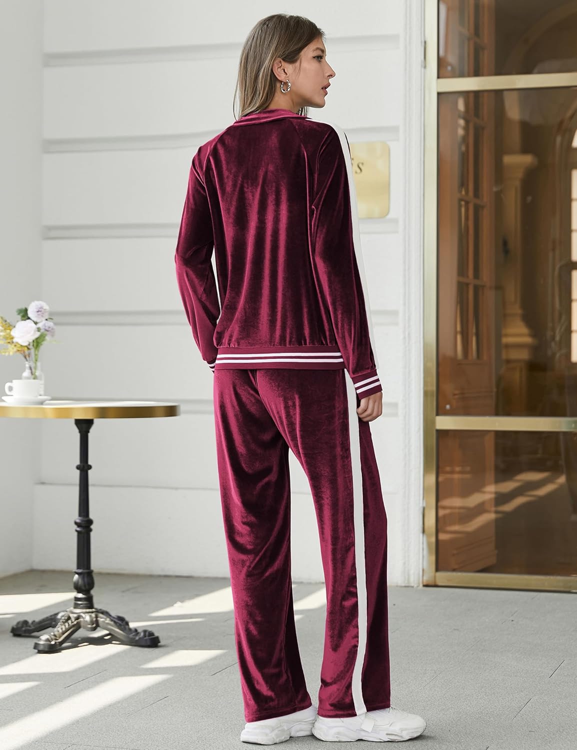 Ekouaer Women's Velvet Velor Tracksuits 2 Piece Lounge Outfits Zip Up Sweatshirt and Sweatpants with Pockets S-3XL - Image 5