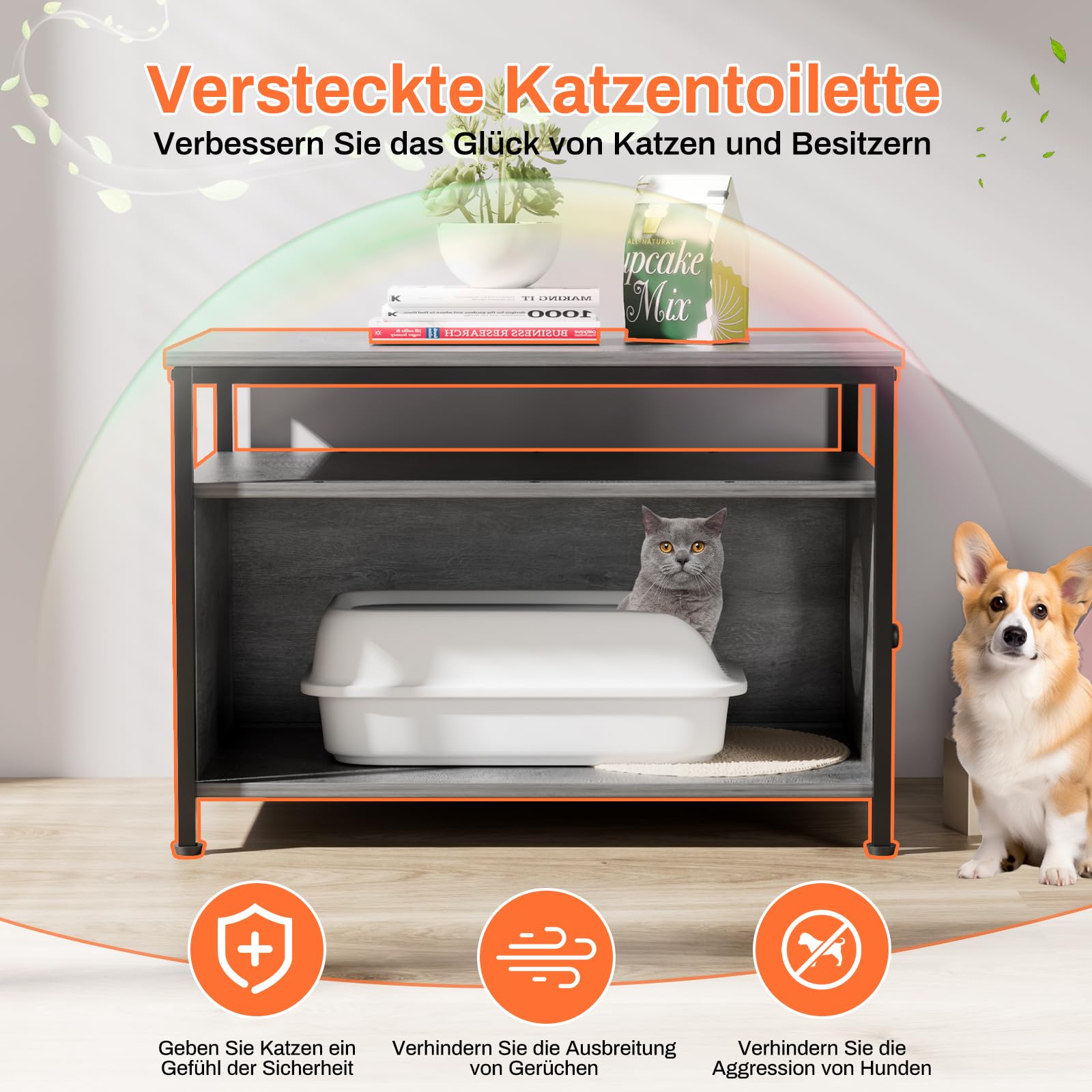MAMIZO Mobile Lettiera per Gatti, Casetta in Legno, 80 x 50 x 59 cm, Armadietto per Gatti, Casa per Gatto Multifunzione con Ripiano Aperto, (Grigio, XL)