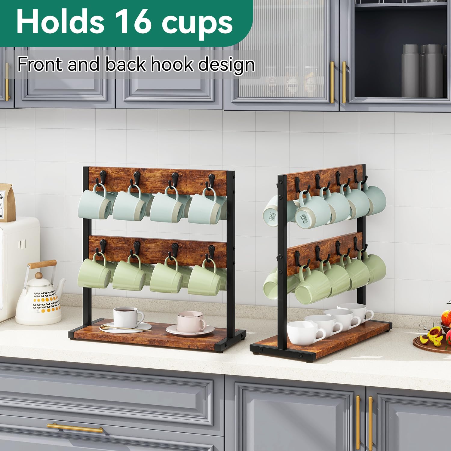 IBUYKE Porta tazzine da caffè con 16 Ganci e Ripiano Portaoggetti, Espositore per Tazze da caffè, per Cucina, Sala da Pranzo, Sala da tè, Marrone Vintage TBJ001H