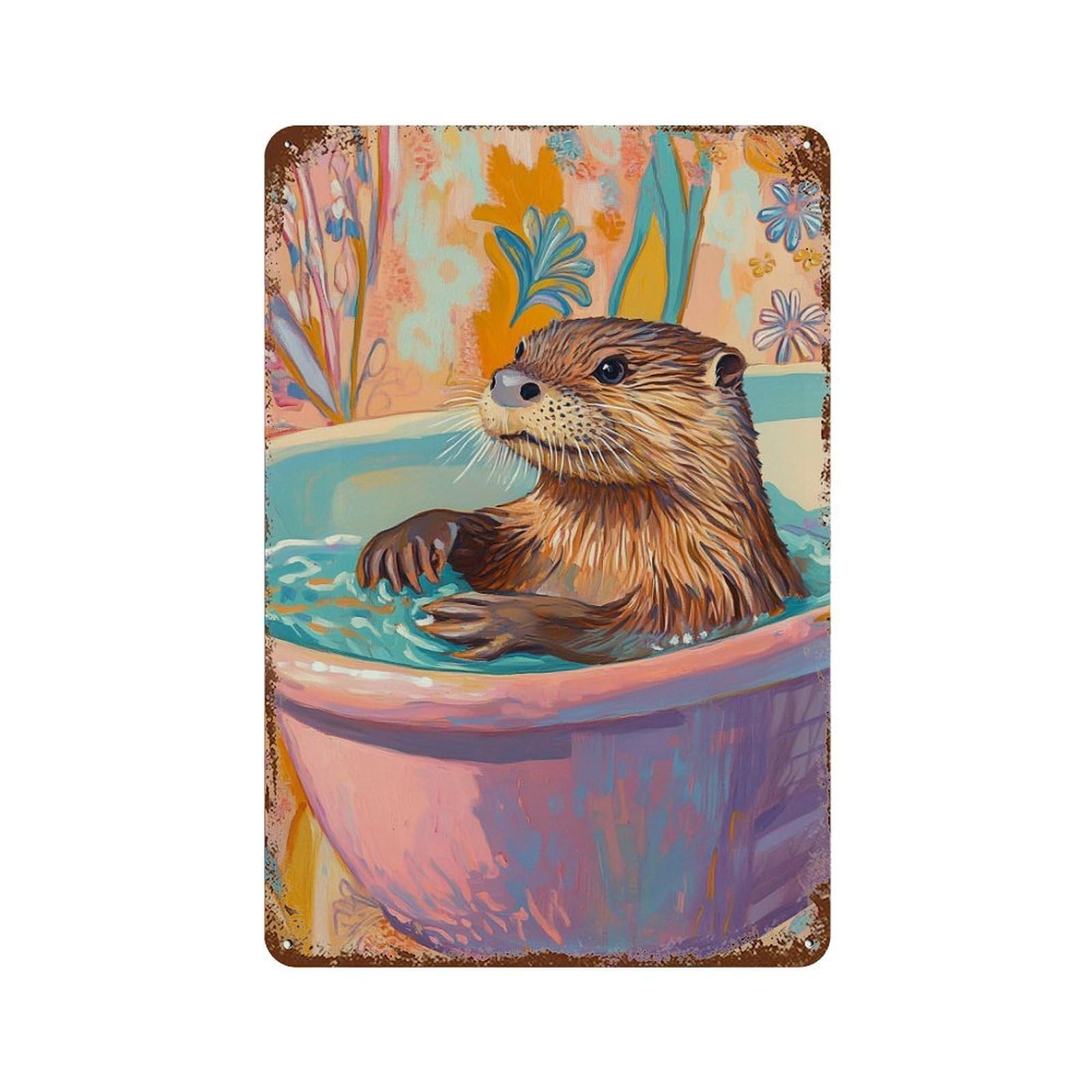Otter in Bathtub Painting-1 Vintage Rust Metal Sign 11.8"x7.9", Shabby Chic Decor for Shed, Workshop And Garage Wall Decor