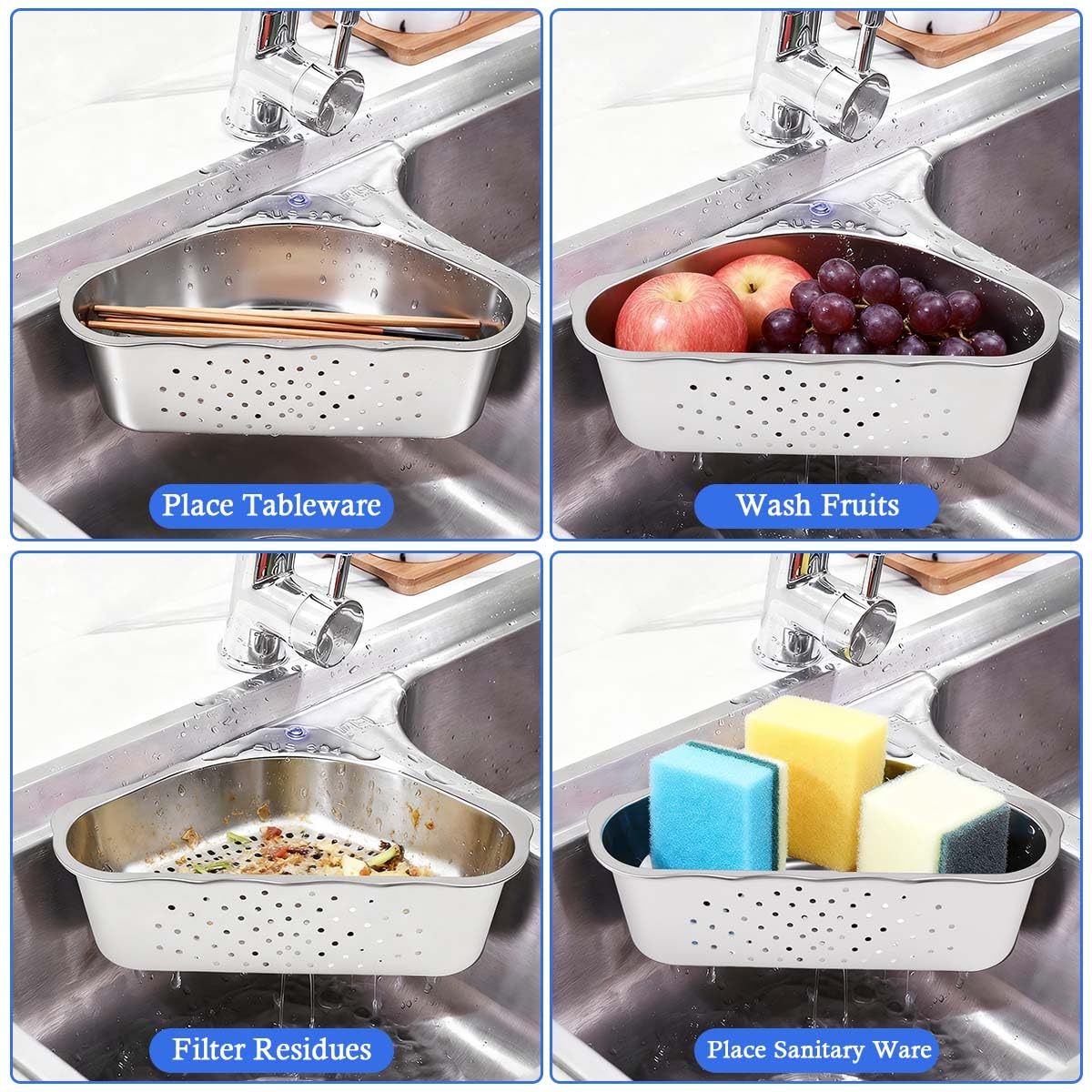 Colador para Fregadero de Cocina Cesta de Desagüe de Acero Inoxidable Triangular