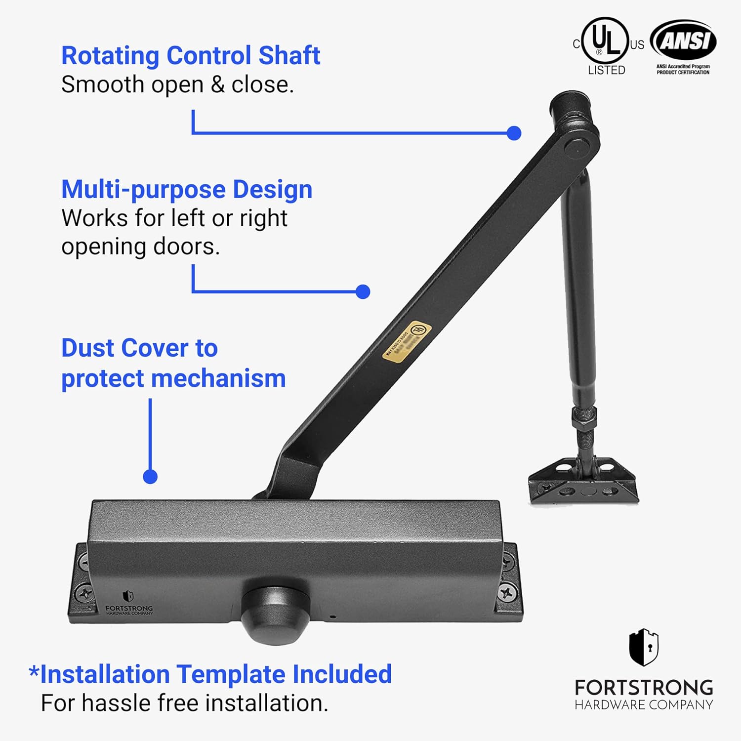 Commercial Door Closer Heavy Duty (Black) - Automatic Door Closer for Commercial Use - Grade 1 Auto Hydraulic Spring Hinge - FS-6300 UL & ADA ANSI A156.4 Grade 1 Door Closers Closure Soft Closing Arm