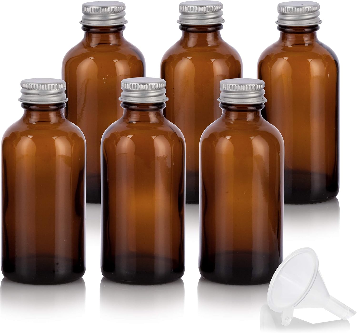 JUVITUS (6 pack) 4 oz Amber Glass Boston Round Bottles with Silver Metal Screw-On Caps + Funnel