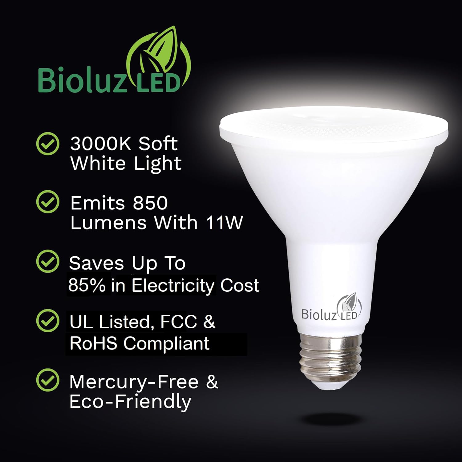 Bioluz LED 8 Pack PAR30 LED Bulbs Flood Light Indoor/Outdoor High CRI 75W Equivalent Using 11W Dimmable 3000K Soft White 850 Lumen UL Listed FCC RoAS Compliant High Efficacy Lighting
