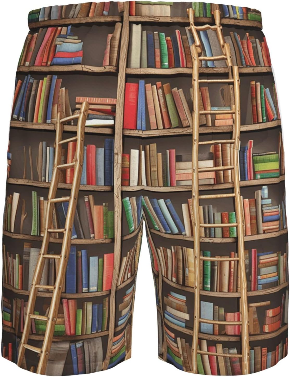 Men's Swim Trunks Quick Dry Bathing Suits Funny Book Shelves Collection and Ladder Beach Board Shorts Swimwear with Pockets White