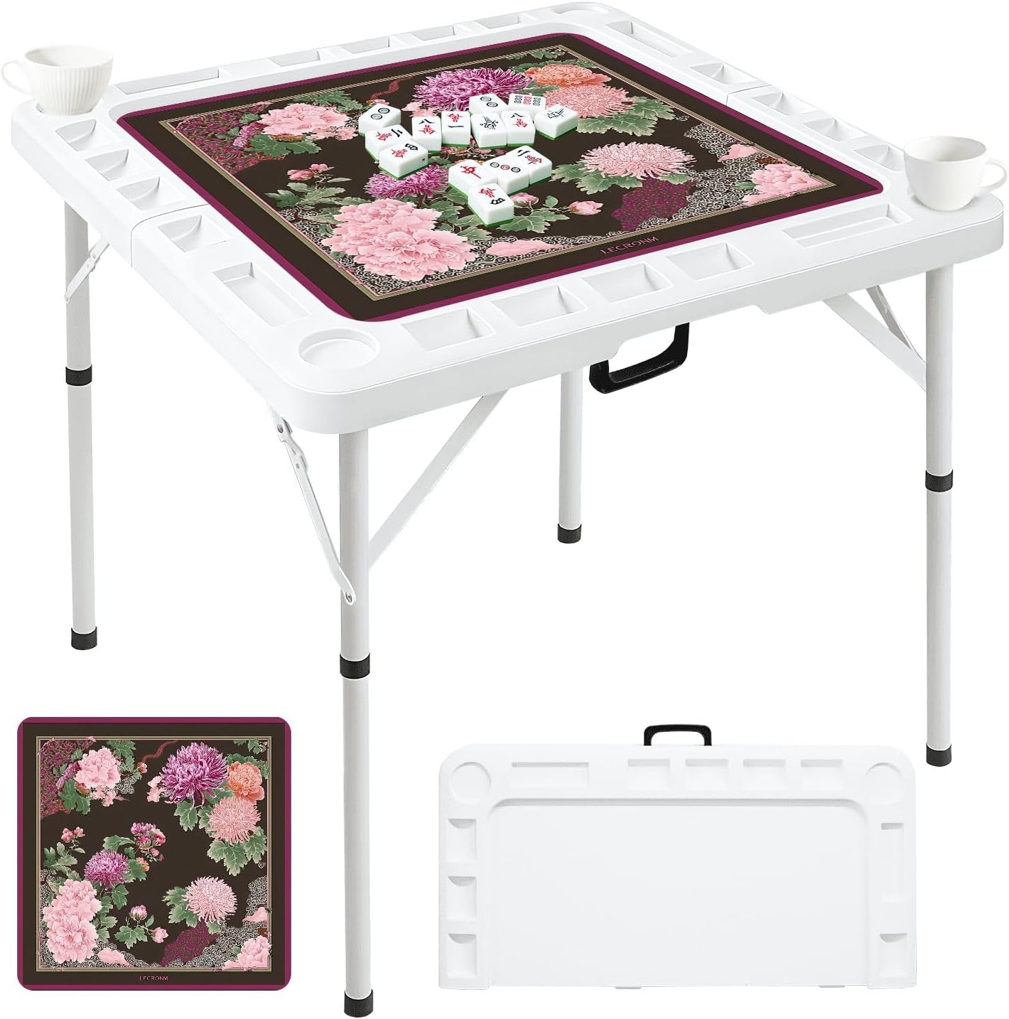 Folding Mahjong Table with Blue Floral Paisley Bandana Detailed Flower Leaf Wear-Resistant Mahjong Mat, 4 Cup Holders & Chip Trays for 4 Players Square Portable Card Table for Poker Domino
