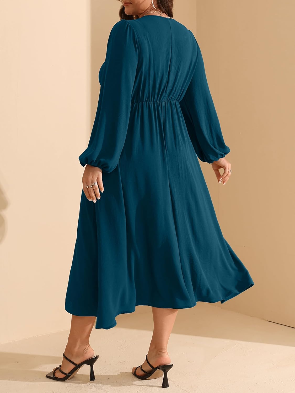 RWJ Fall Wedding Guest Dresses for Women Plus Size V Neck Long Sleeve Tie Front Cocktail Maxi Dress with Pockets - Image 3