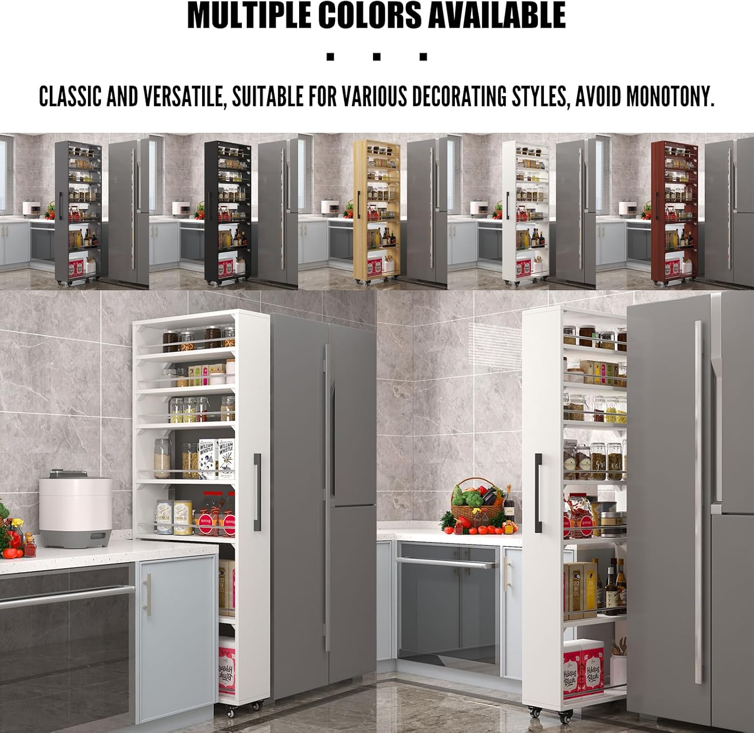 Standing-Shelf with Wheels, 5.9/7.9/9.8'',Wooden Slim Storage Cart, Various Sizes and Colors, Thickened Plate, Scratch-Resistant and Wear-Resistant, For Home, Kitchen, Closet B 9.8''W*21.7''D*72.4''H