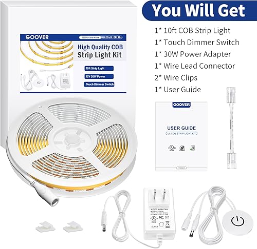 Miniatura 8 de GOOVER Kit de tira de luz LED blanca, UL COB 1440LEDs, Ra 90+, incluye interruptor de atenuación táctil + adaptador de corriente con certificación