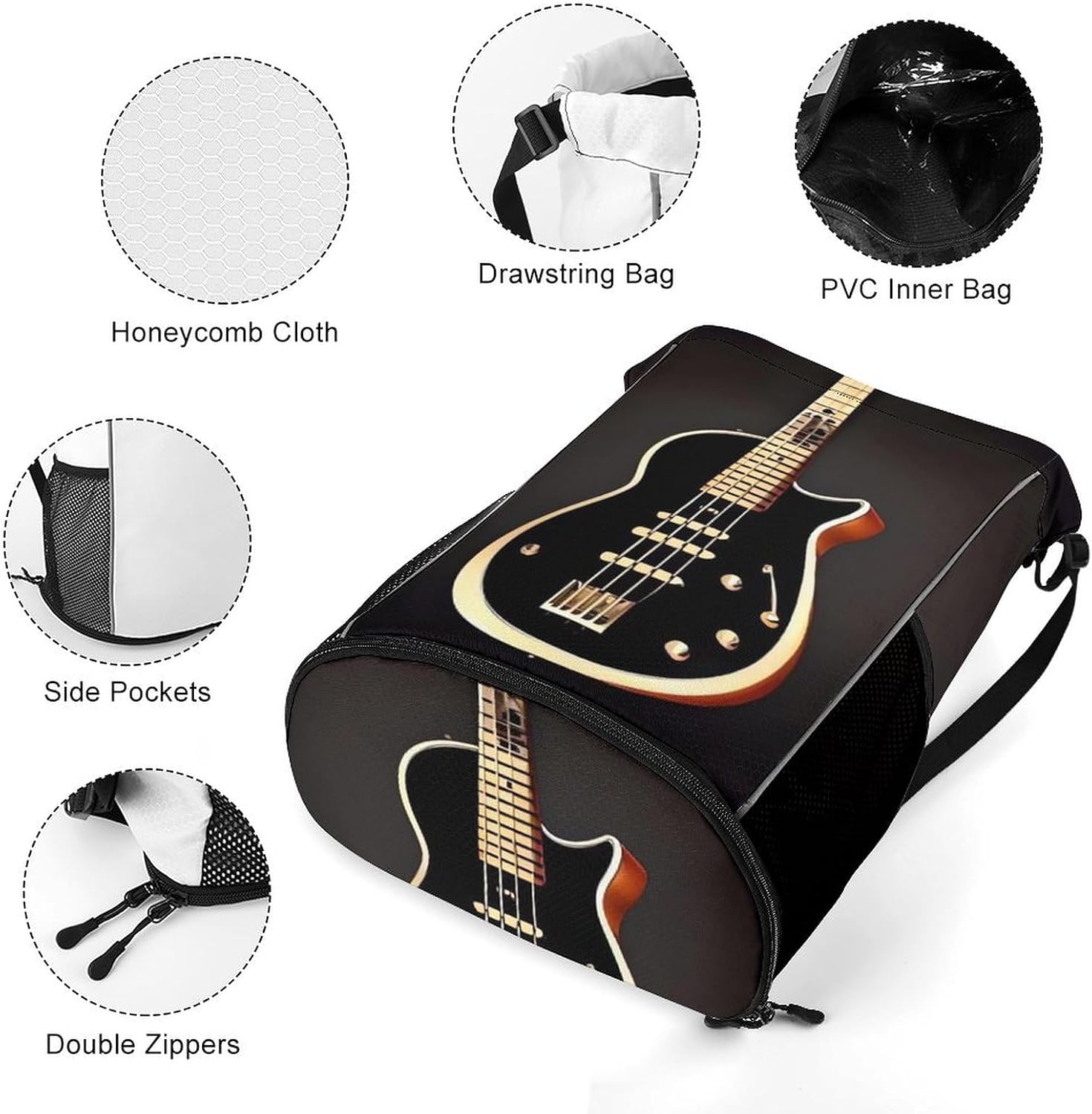 Small Gym Bag Black Guitar Printed Drawstring Gym Bag for Men Lightweight Waterproof Drawstring Backpack for Women with Shoe Compartment for Travel Tourism Work And Fitness
