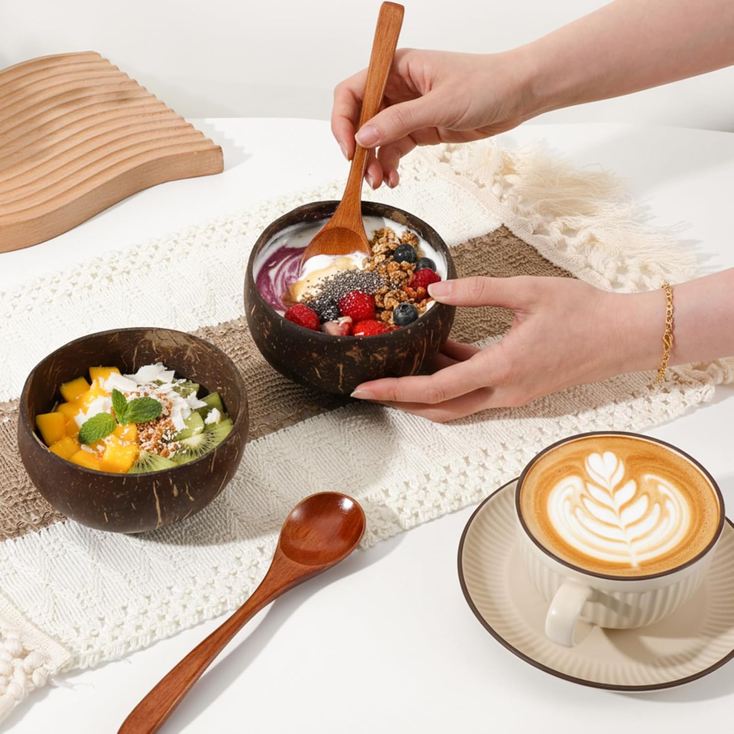 14 Pcs Coconut Shell Bowls, Polished Wooden Bowls Natural for Acai Salad and Vegan Gifts Vegan Gifts Kitchen Decor