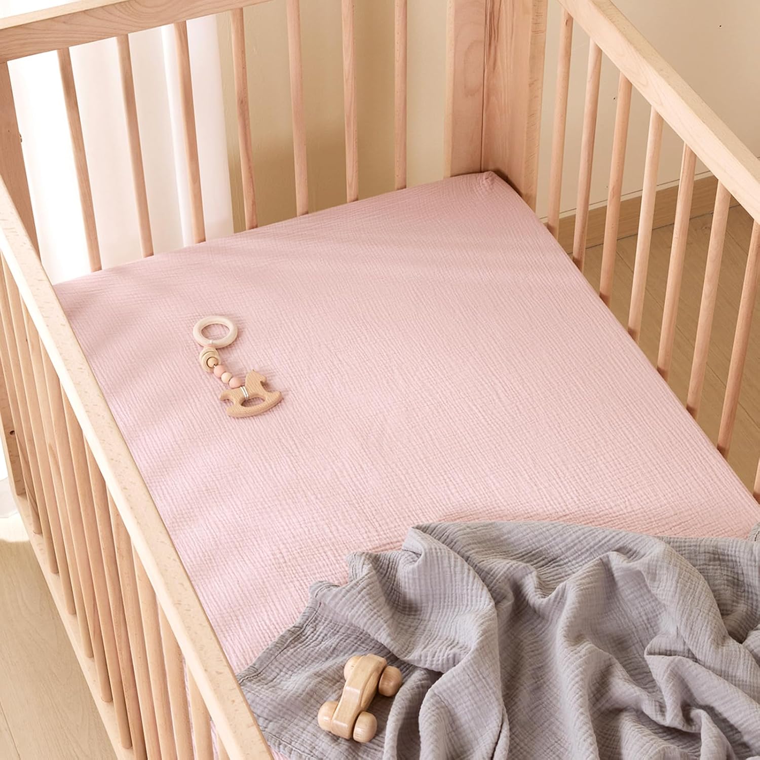 TILLYOU Muslin Mini Crib Sheets 2 Pack, Pack and Play Mattress Sheets Fitted for Pack N Play, 38 x 26 Sheet for Toddler, Grey and Pink