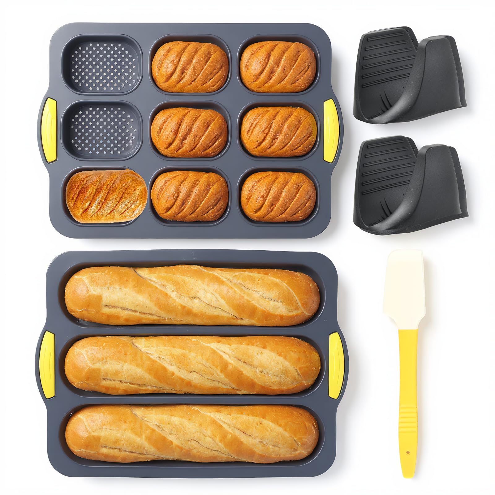 2 Teglie da Forno per Baguette, Stampo per Baguette, con 2 Pinze Isolanti e 1 Spatola in Silicone per Pane, Torte, Muffin,Silicone