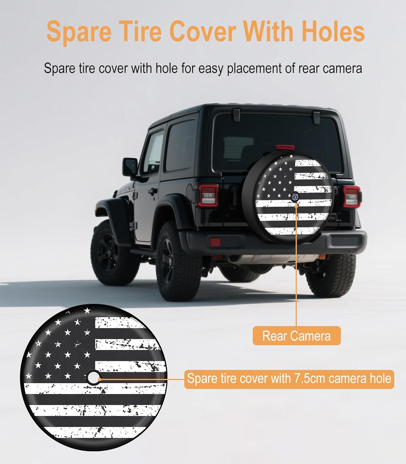 Black White Vintage American Flag Spare Tire Cover with Camera Hole, for Wrangler Tire Cover with Backup Camera Hole, SUV RV Trailer and Many Vehicle (17 Inch for Diameter 82"-83")
