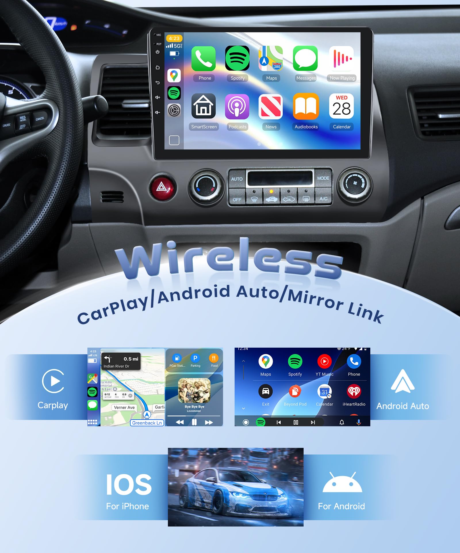 KYNNT 8-Core 4G+64G Car Radio for Honda Civic 2006-2011 with Qualcomm Snapdragon chip, Car Stereo Carplay Android Auto 3D car Model Display GPS WiFi 10.1 Inch IPS Touchscreen Mirror Link Camera