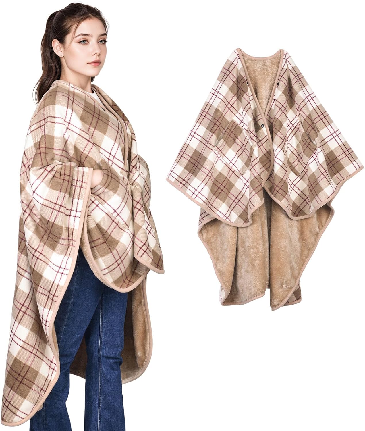 forestfish Wearable Blanket Poncho With Pockets And Buttons, Flannel Shawl Wrap Blanket For Women Soft And Warm