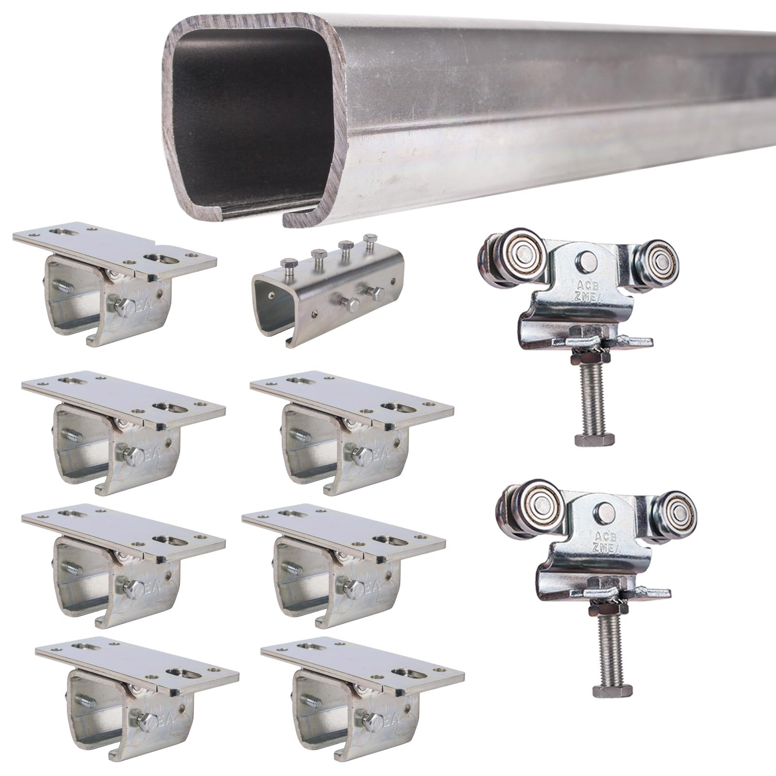 ATTAS MEA Kit complet de ferrures pour porte coulissante et portail de grange – Type 2, jusqu'à 400 kg | 2-4-6 m | Rail en C extérieur | Montage au plafond | Rail de guidage et chariot roulant