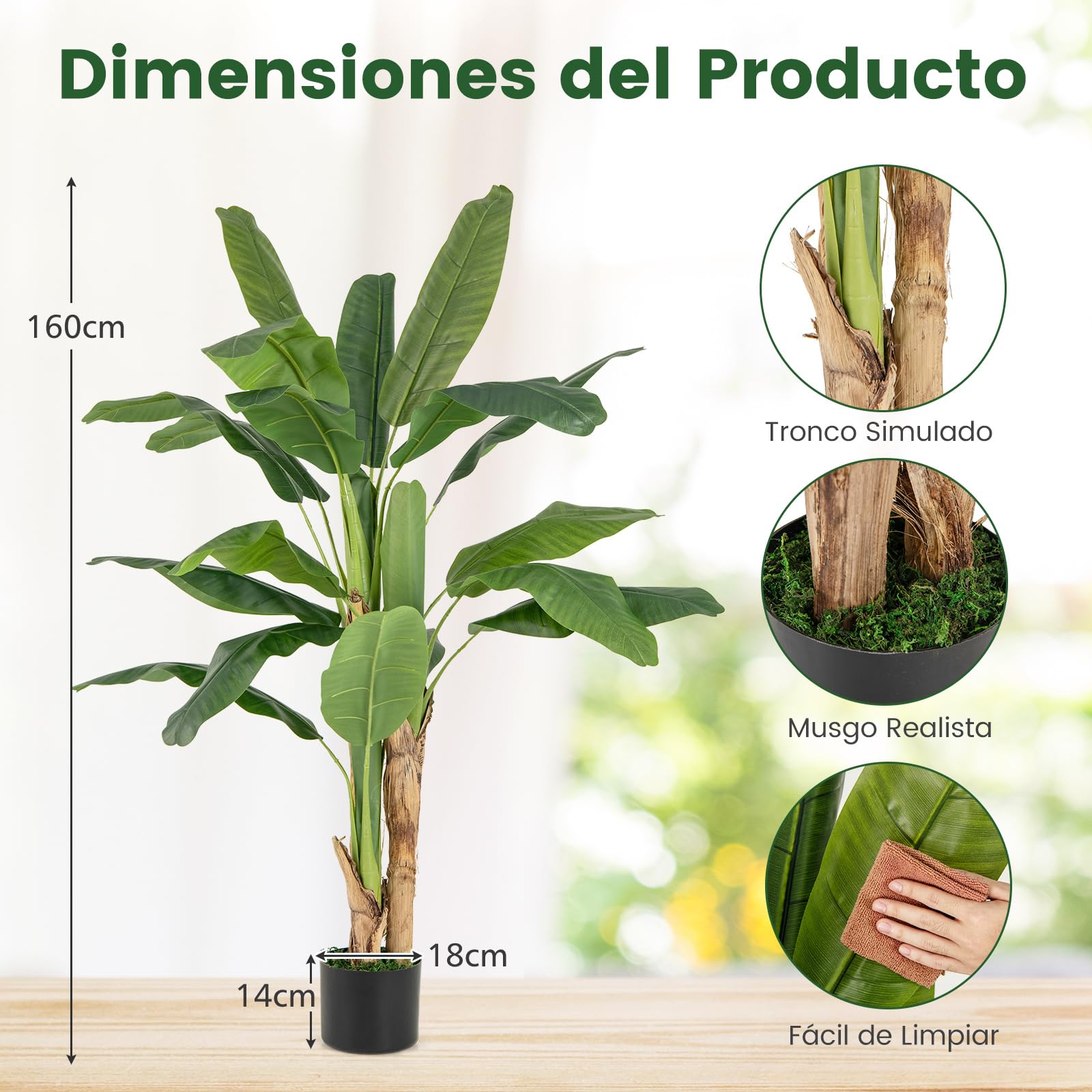 COSTWAY Planta Artificial Decorativa de Ave del Paraíso, Platanera Artificial 160 cm, Árbol de Hojas de Plátano de Imitación en Maceta, Palmera Tropical Artificial Grande para Sala de Estar, Oficina