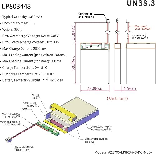 Miniatura 3 de EEMB 3.7V Lipo Batería 1350mAh 803448 Batería de iones de polímero de litio Batería recargable de polímero de iones de litio con conector JST