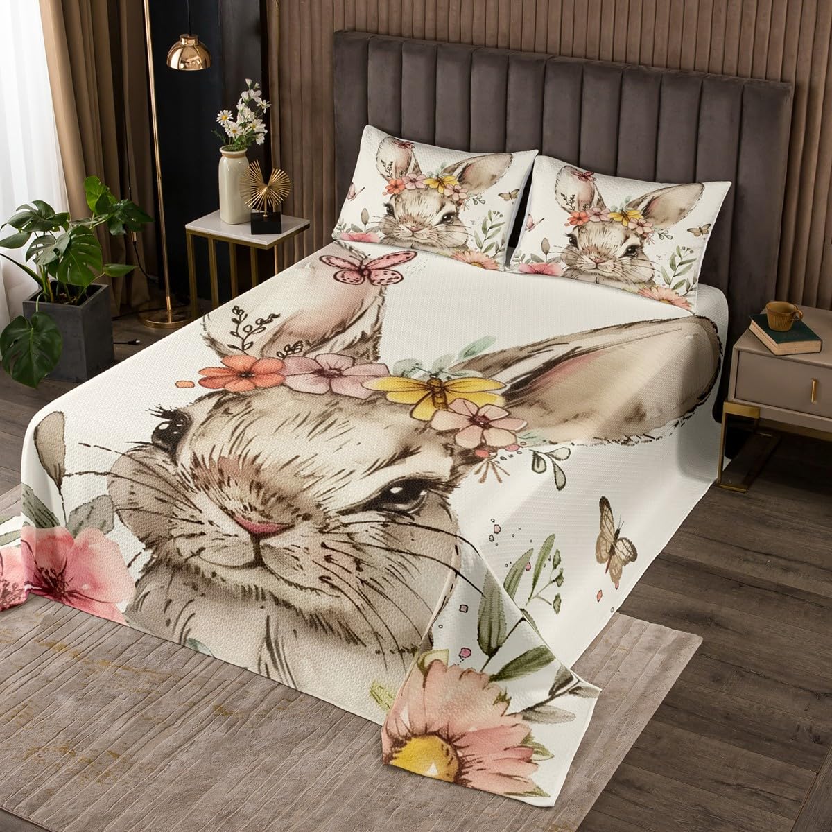 Erosebridal Easter Decor Twin Quilt Set for Kids Boys Girls,Kawaii Bunny Bedspread Set Botanical Flowers Rabbit Coverlet Set for Bedroom Decor,Happy Easter Decorations Bed Set,Yellow