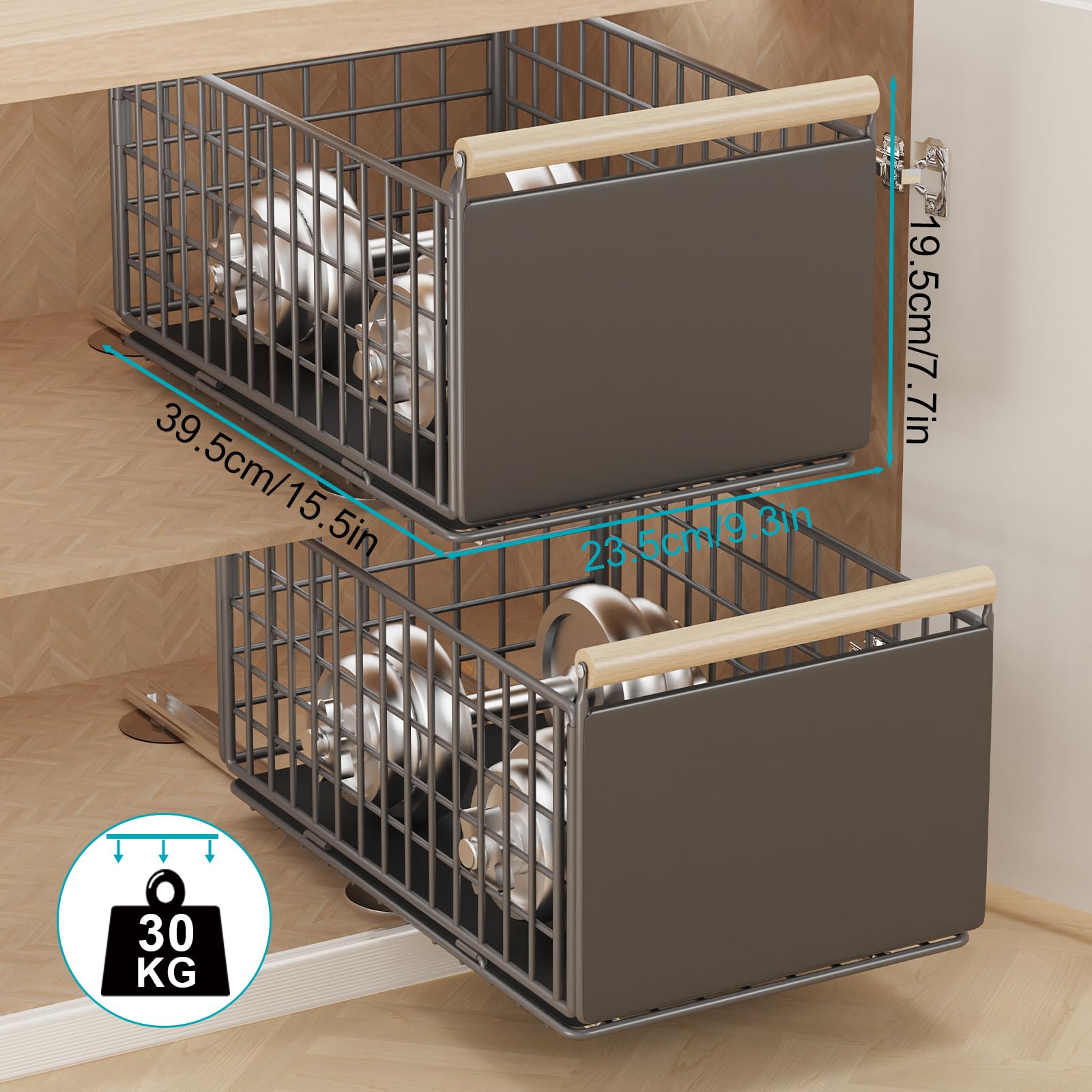 Cassetti Estraibili per Cucina, Cestelli, Organizer Sottolavello, Organizzatore con Nanofolie Autoadesiva, Mobile Armadio, Senza Necessità di Forare e Inchiodare, 2 Pack, 39.5×23.5×19.5cm