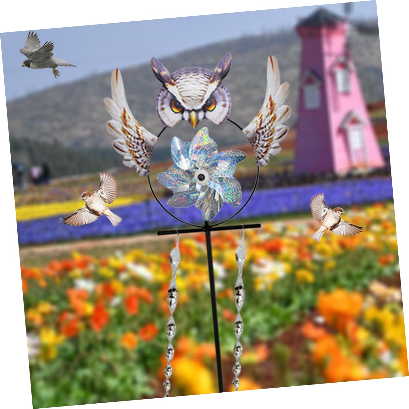 Happyyami Girandola Decorativa per Uccelli Metallo Forma di Gufo Spaventa Uccelli per Giardino e Cortile Facile da Installare Strumento per Scacciare Piccioni e Altri Volatili