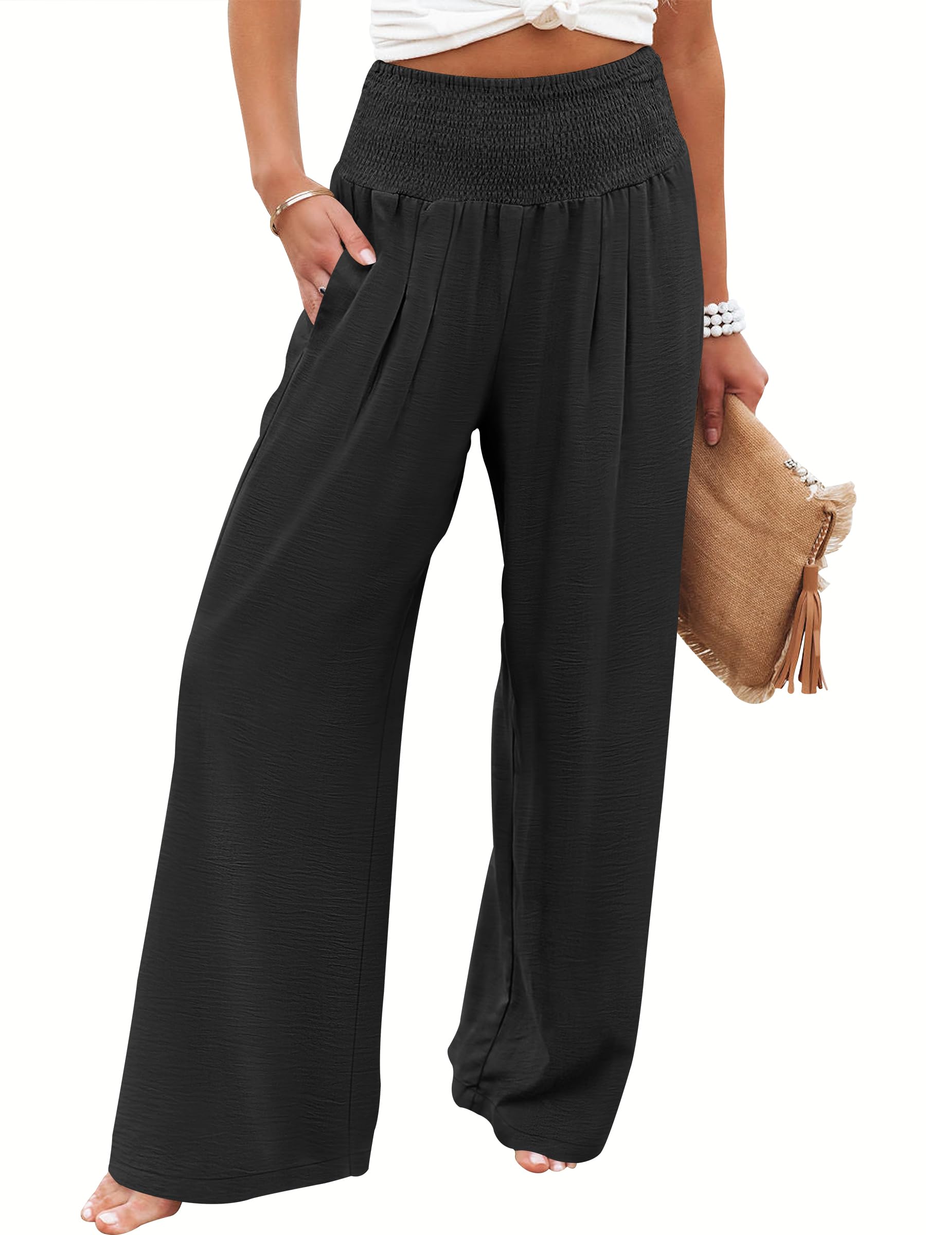 ANRABESS Women Palazzo Pants Summer Flowy Wide Leg High Waist Lounge Trousers with Pockets 2026 Casual Beach Vacation