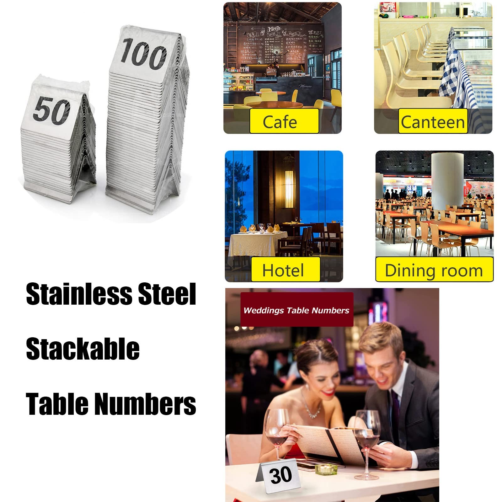 Placa de acero inoxidable para números de mesa de restaurante, números de doble cara, apilable, soporte para números de mesa para cocina, comedor, banquetes de boda, carteles de mesa de restaurantes
