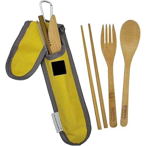 Bamboo Travel Utensil Set | Bamboo Fork, Knife, Spoon, Chopsticks, Straw, Straw-cleaning brush, Travel Pouch and Carabiner | Excellent For Everyday Use! ((1Set) Sunrise Yellow)