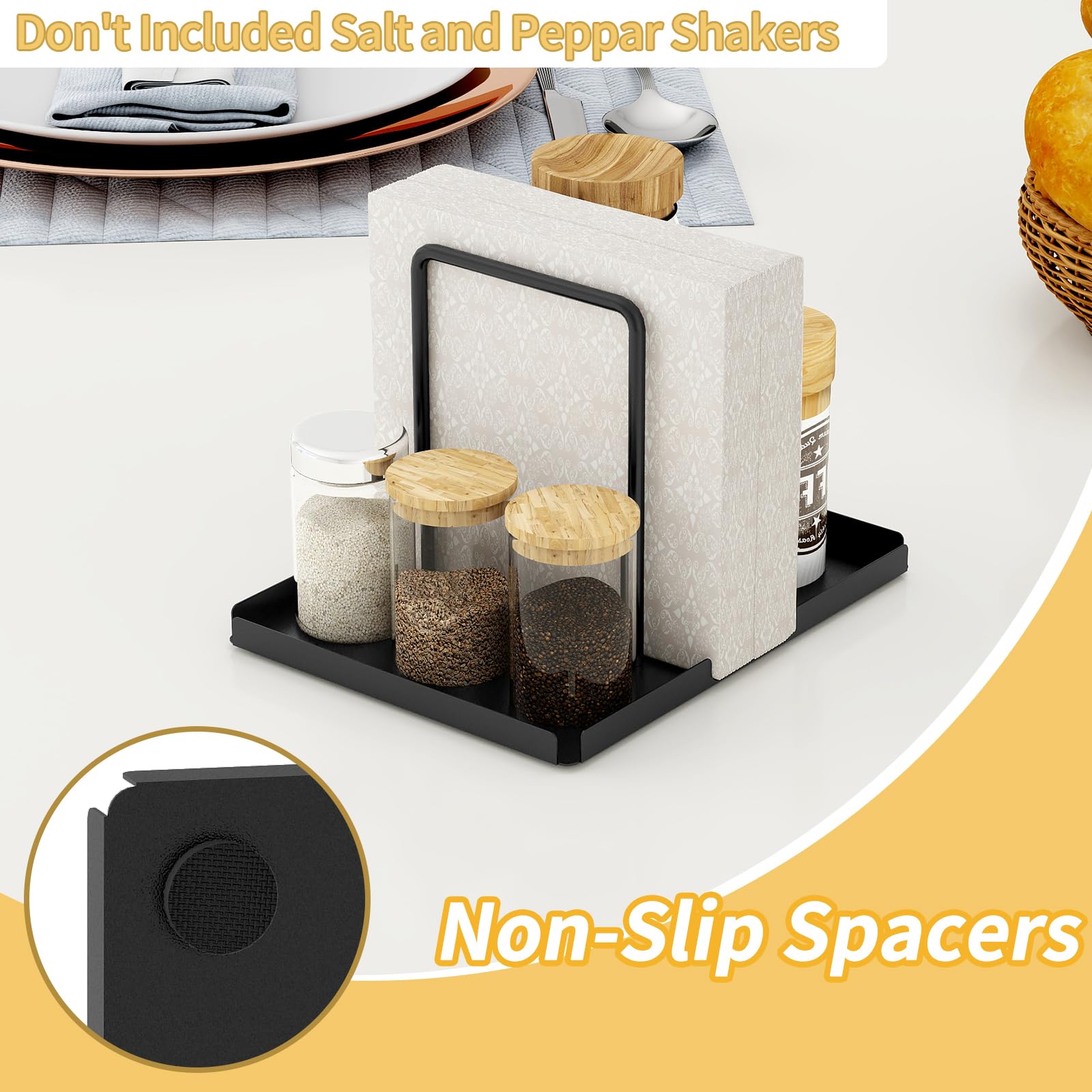 LSK Servilletero, servilletero de acero para mesa con organizador de salero y pimentero, almacenamiento de servilletas de papel de pie para cocina, mesa de comedor, encimera, color negro