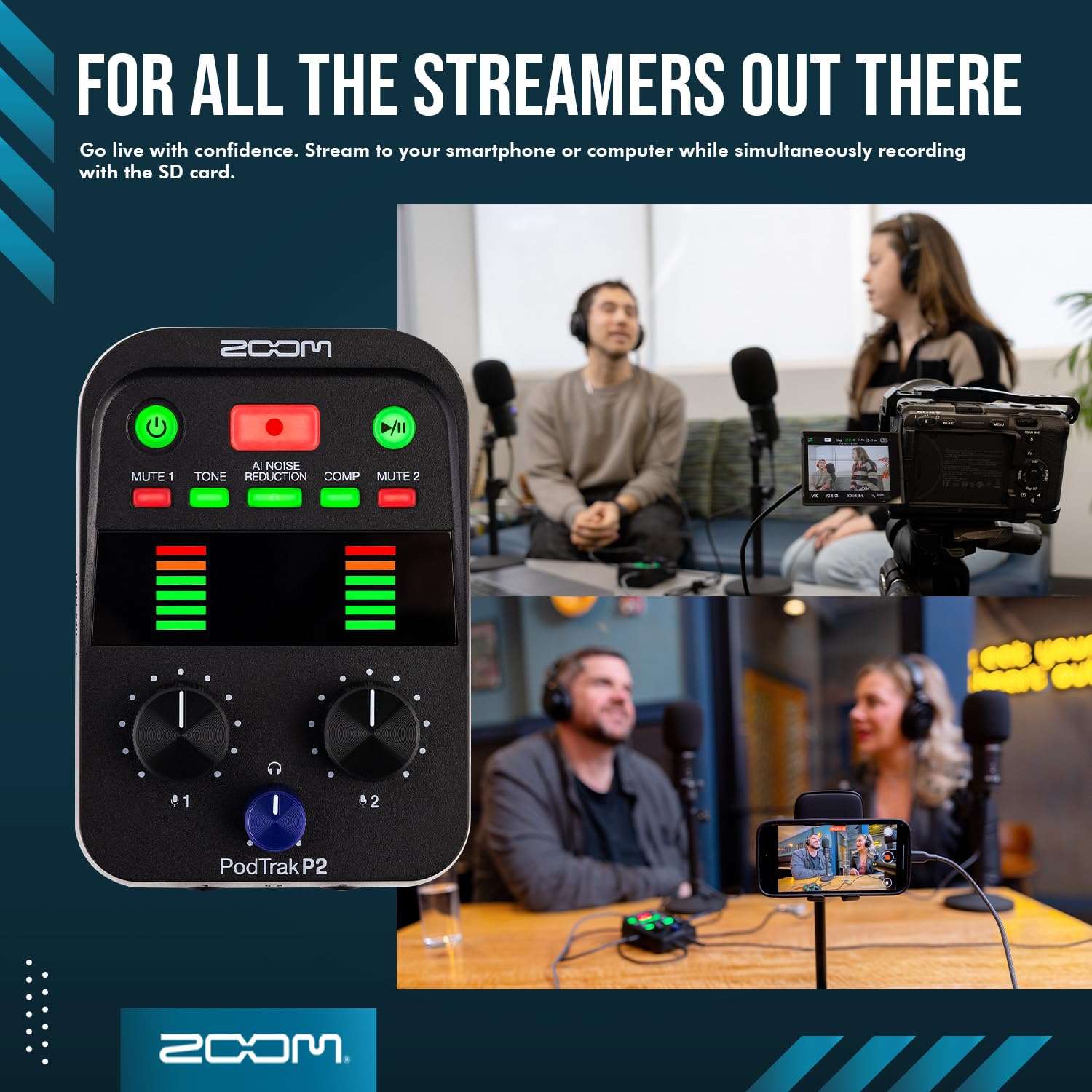 Zoom Podtrak P2 Tragbarer Podcast-Recorder, 2 USB-Mikrofoneingänge, AI-Rauschunterdrückung, 4-spurige Aufnahme, Ton- und Comp-Effekte, Dual-Kopfhörer-Ausgänge mit 2 Sets Podcast-Mikrofon-Pack und