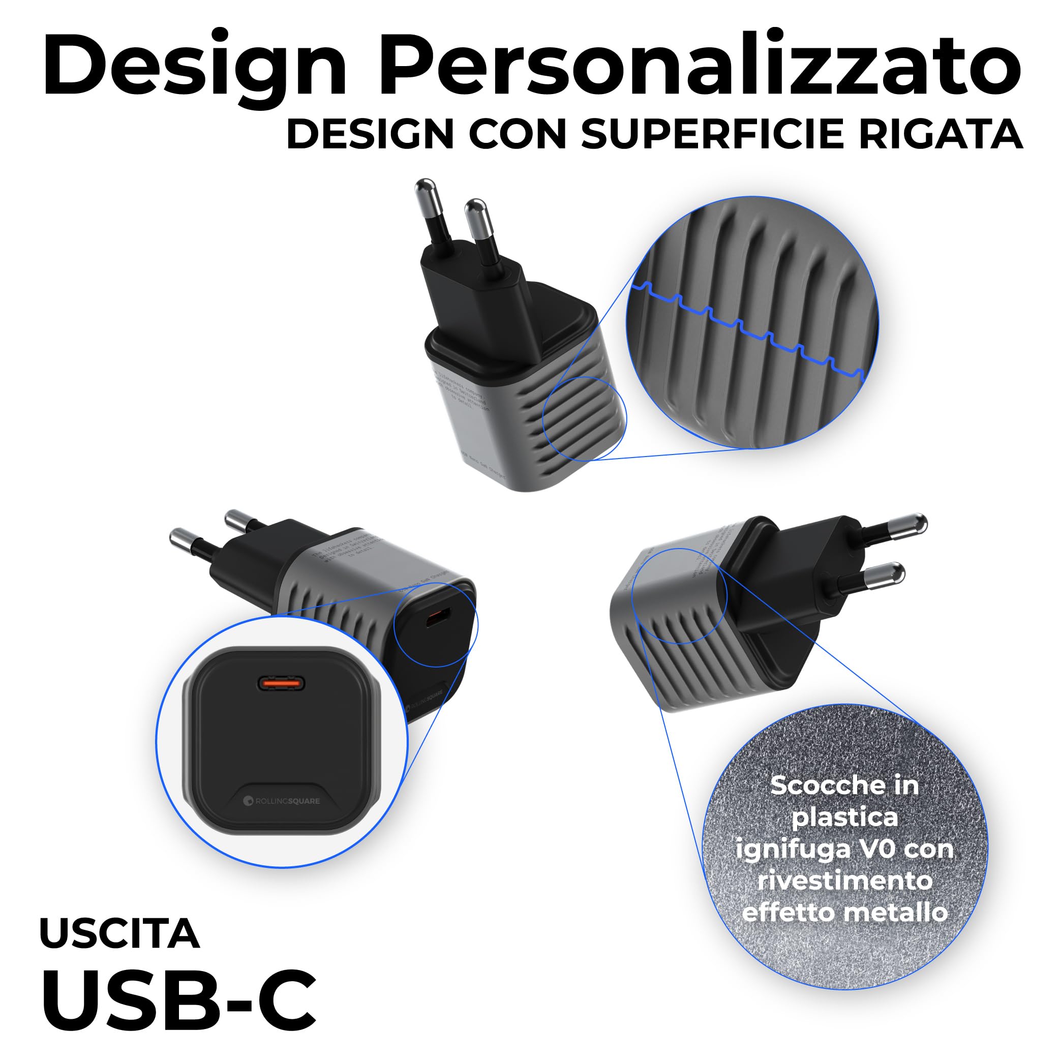 Rolling Square Supertiny - 65W GaN Charger, Alimentatore USB C ad Alta Velocità con Prese EU, Caricatore da Viaggio Ultra Compatto per Cellulari, Computer, Tablets e Dispositivi USB-C