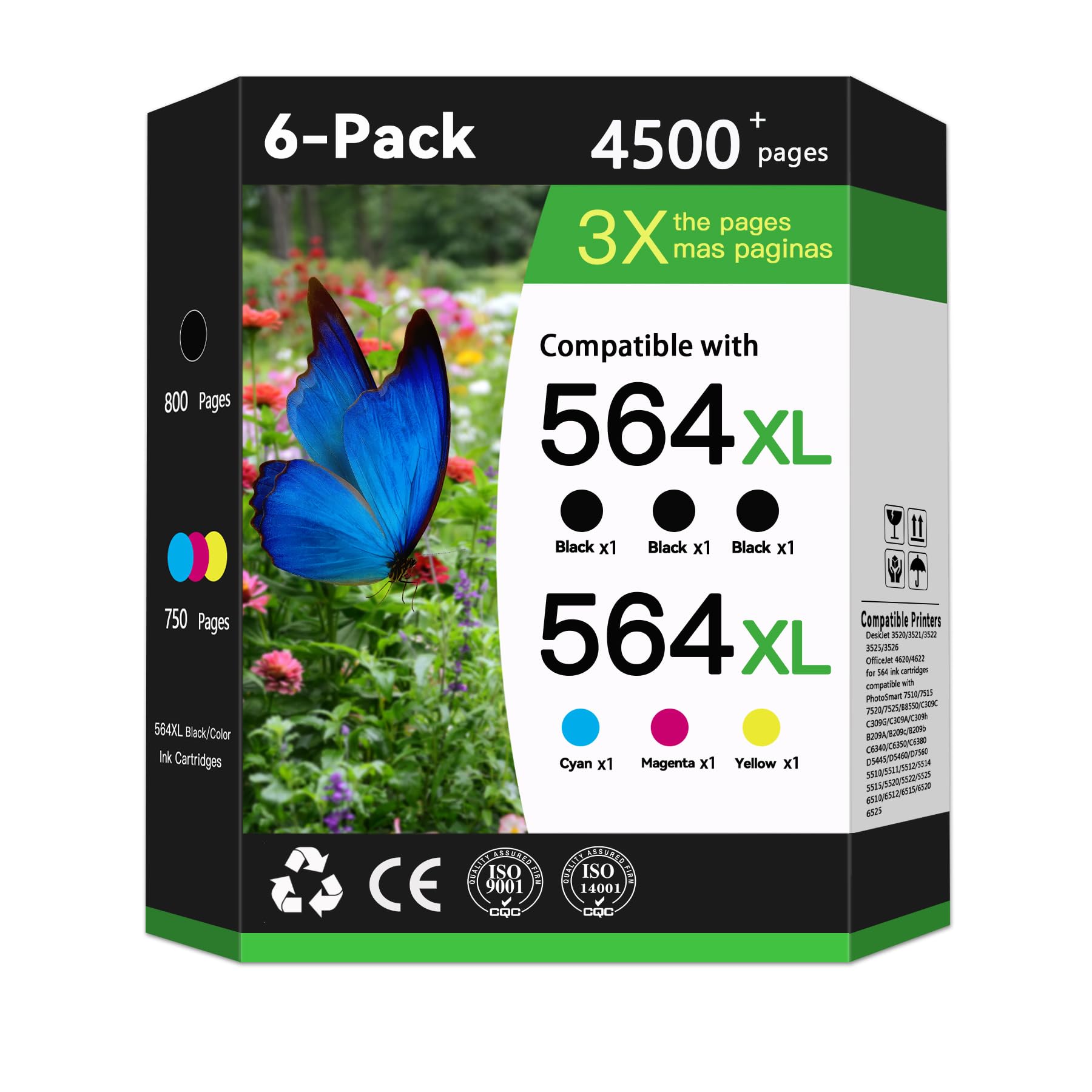 564XL Ink Cartridge Compatible for HP 564XL Ink Replacement for 3520 4620 C309A B209 C6340 D5460 5510 Printer.(3Black 1Cyan 1Yellow 1Magenta, 6-Pack)