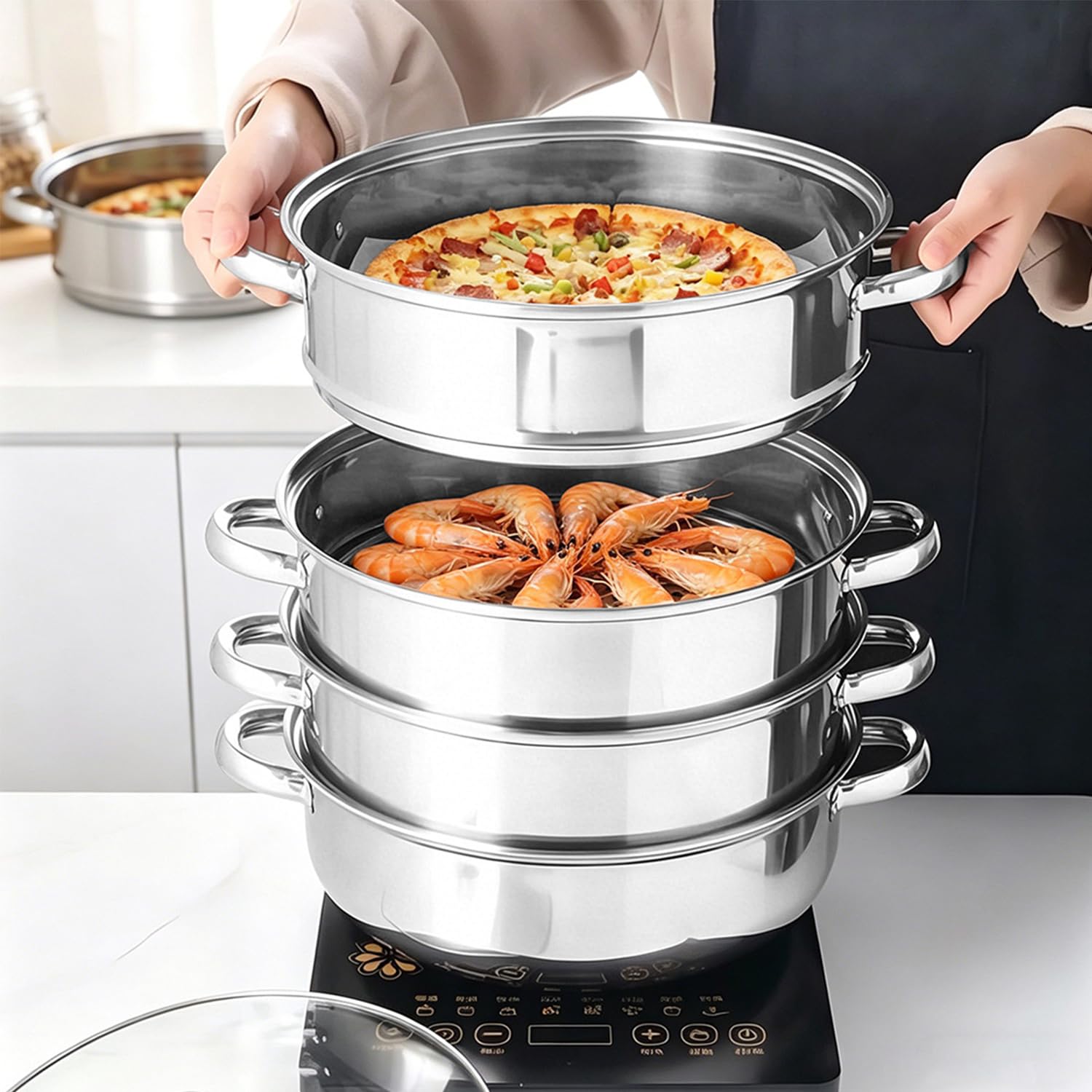 Parowar ze stali nierdzewnej 28 cm – 4-poziomowy, zdejmowany garnek parowy ze szklaną pokrywką, nadaje się do kuchenek indukcyjnych i wszystkich rodzajów kuchenek, uniwersalne naczynia do gotowania