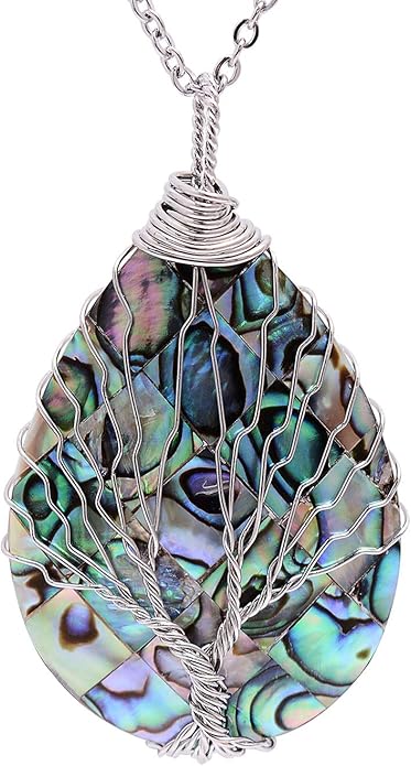 Sedmart Teardrop Abalone Shell Tree of Life Pendant Necklace Handmade Jewelry for Women