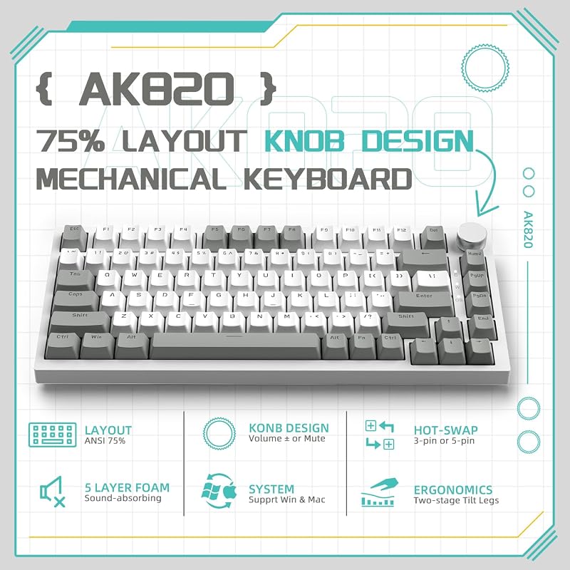 YINDIAO AK820 Mechanikus Gaming Billentyűzet 75% Layout 81 Gomb Hot-Swap Piros Switch USB-C PC Mac Szürke Fehér